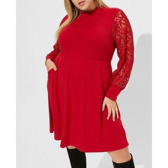 NWT Torrid At The Knee Jersey Lace Mock Neck Skater Dress Jester Red Size 2X - Picture 1 of 11